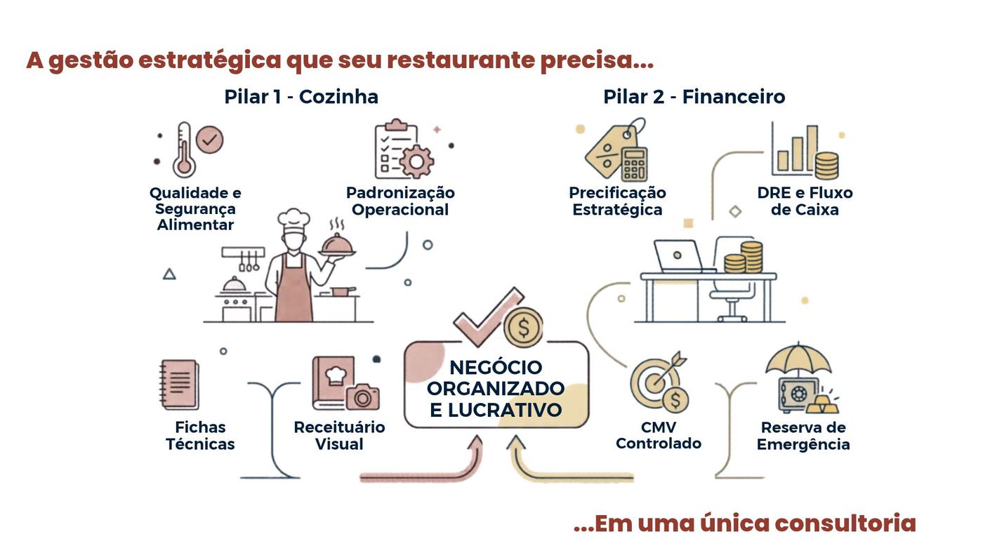 Pilar Cozinha: qualidade e segurança alimentar, padronização operacional, fichas técnicas e receituário visual. Pilar Financeiro: precificação estratégica, DRE e fluxo de caixa, CMV controlado e reserva de emergência.